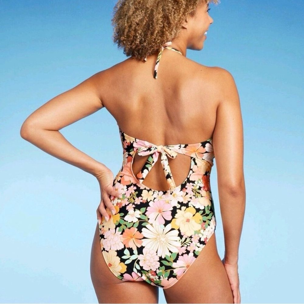 Shade & Shore Multi Yellow Floral Halter Keyhole Bandeau One Piece Swimsuit - Picture 2 of 9